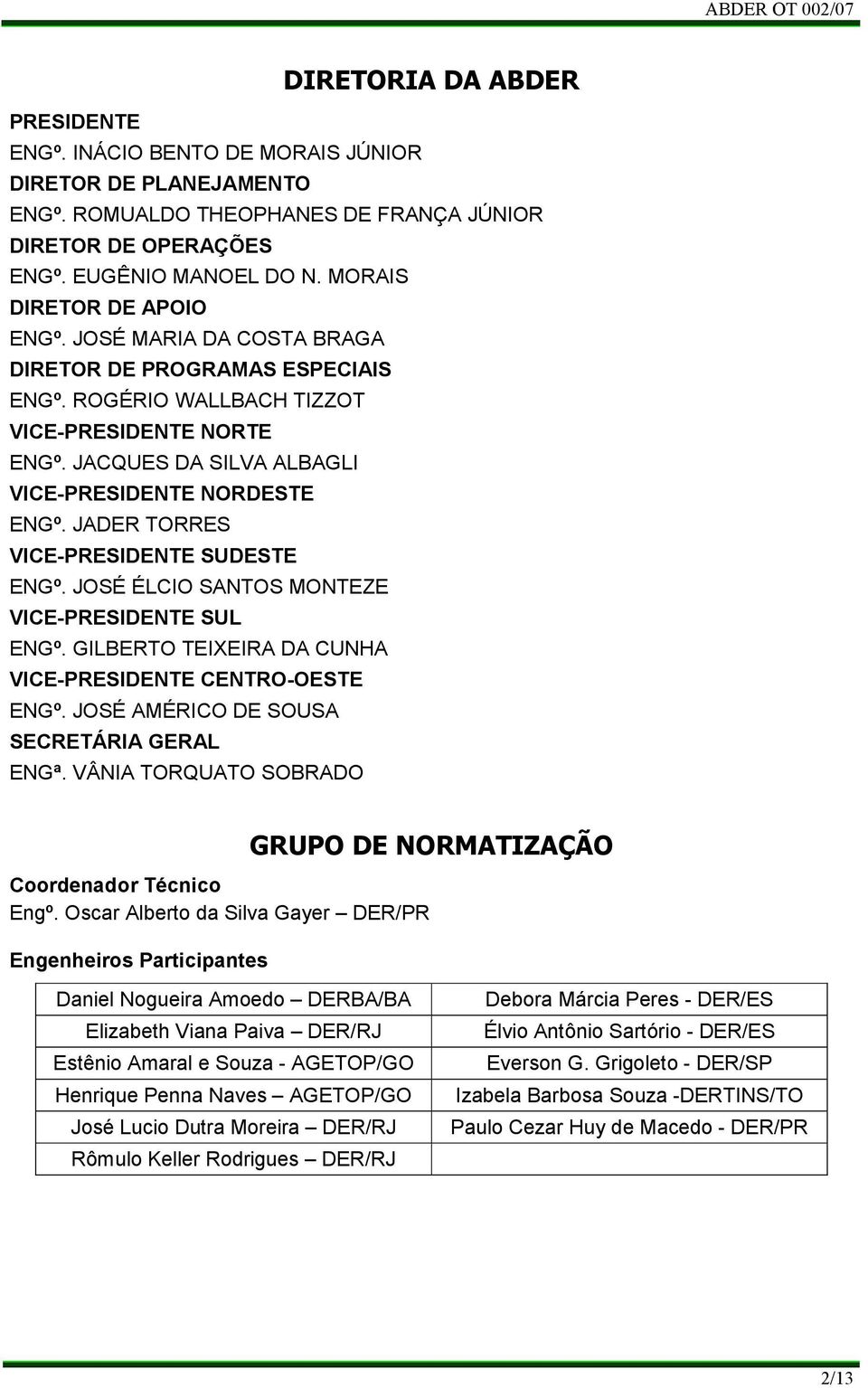 JADER TORRES VICE-PRESIDENTE SUDESTE ENGº. JOSÉ ÉLCIO SANTOS MONTEZE VICE-PRESIDENTE SUL ENGº. GILBERTO TEIXEIRA DA CUNHA VICE-PRESIDENTE CENTRO-OESTE ENGº.