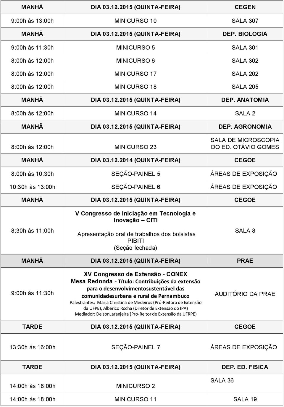 ANATOMIA 8:00h às 12:00h MINICURSO 14 SALA 2 MANHÃ DIA 03.12.2015 (QUINTA-FEIRA) DEP. AGRONOMIA 8:00h às 12:00h MINICURSO 23 SALA DE MICROSCOPIA DO ED. OTÁVIO GOMES MANHÃ DIA 03.12.2014 (QUINTA-FEIRA) CEGOE 8:00h às 10:30h SEÇÃO-PAINEL 5 ÁREAS DE EXPOSIÇÃO 10:30h às 13:00h SEÇÃO-PAINEL 6 ÁREAS DE EXPOSIÇÃO MANHÃ DIA 03.