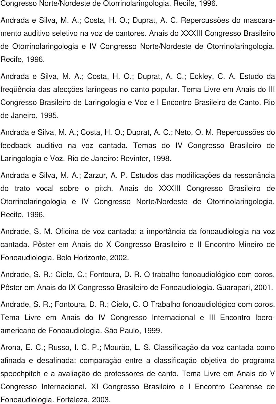 Tema Livre em Anais do III Congresso Brasileiro de Laringologia e Voz e I Encontro Brasileiro de Canto. Rio de Janeiro, 1995. Andrada e Silva, M. A.; Costa, H. O.; Duprat, A. C.; Neto, O. M. Repercussões do feedback auditivo na voz cantada.