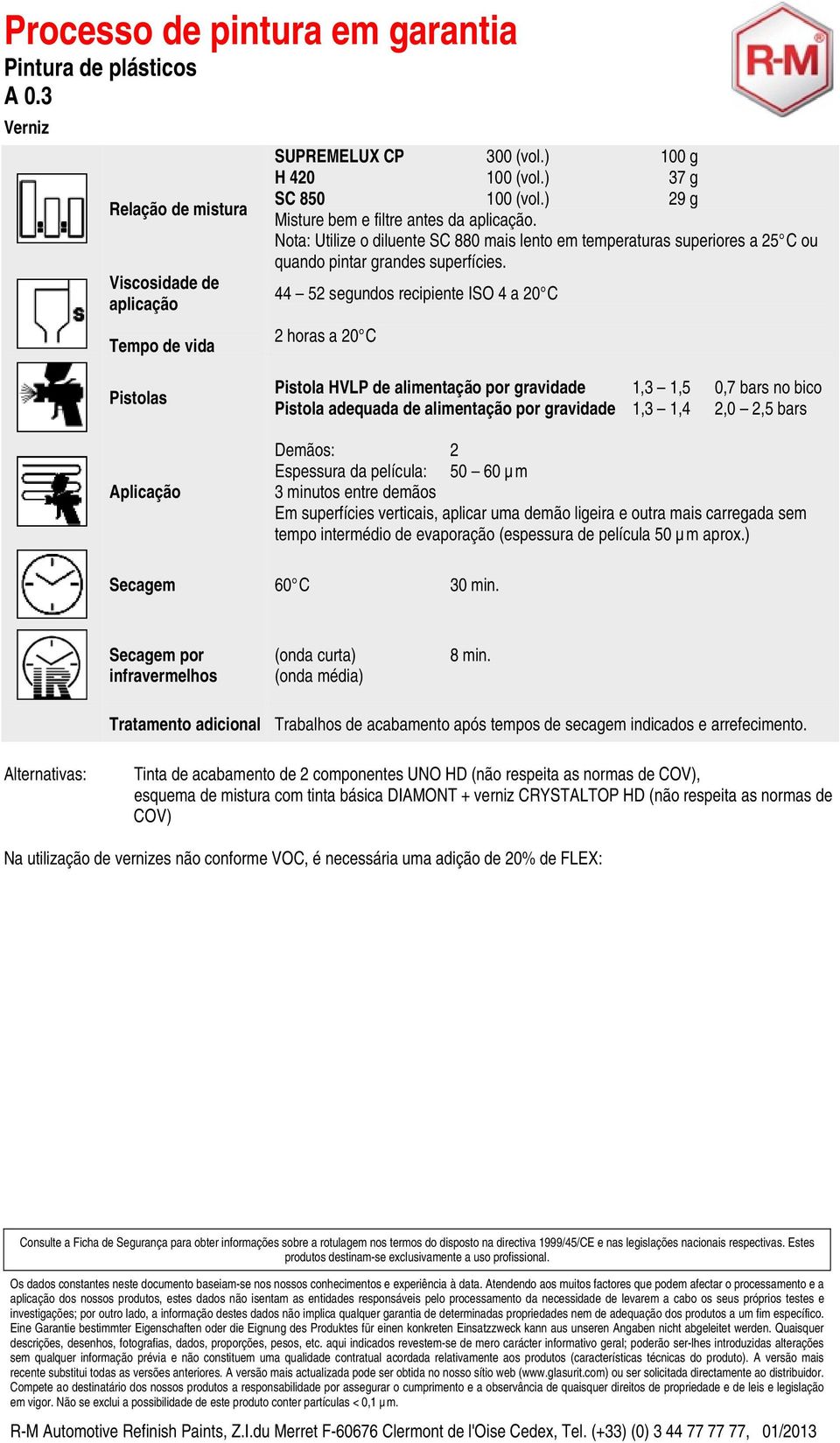 44 52 segundos recipiente ISO 4 a 20 C 2 horas a 20 C Pistolas Pistola HVLP de alimentação por gravidade 1,3 1,5 0,7 bars no bico Pistola adequada de alimentação por gravidade 1,3 1,4 2,0 2,5 bars