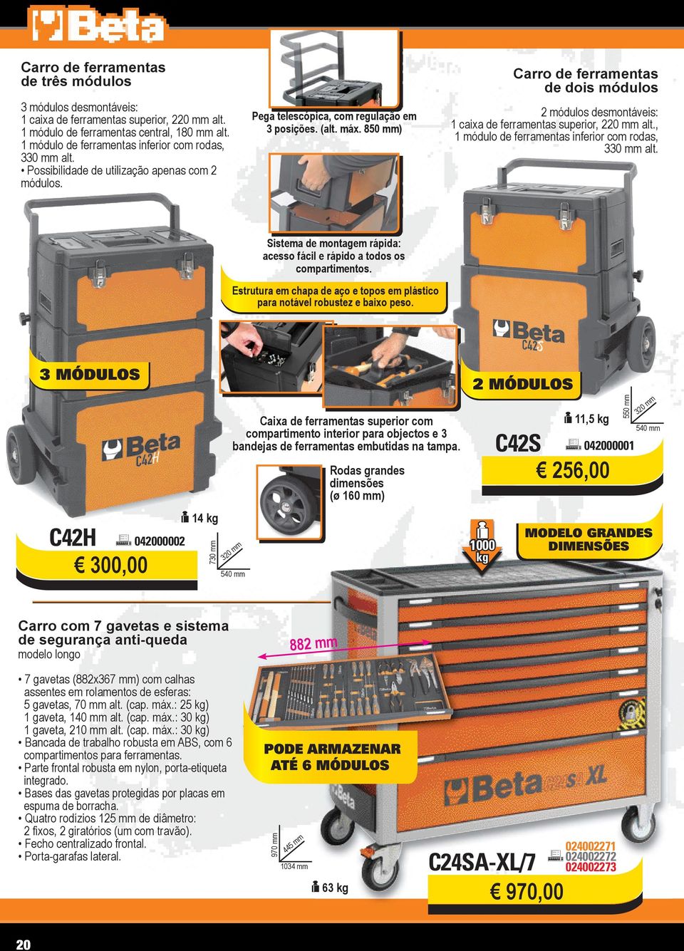 850 mm) Carro de ferramentas de dois módulos 2 módulos desmontáveis: 1 caixa de ferramentas superior, 220 mm alt., 1 módulo de ferramentas inferior com rodas, 330 mm alt.