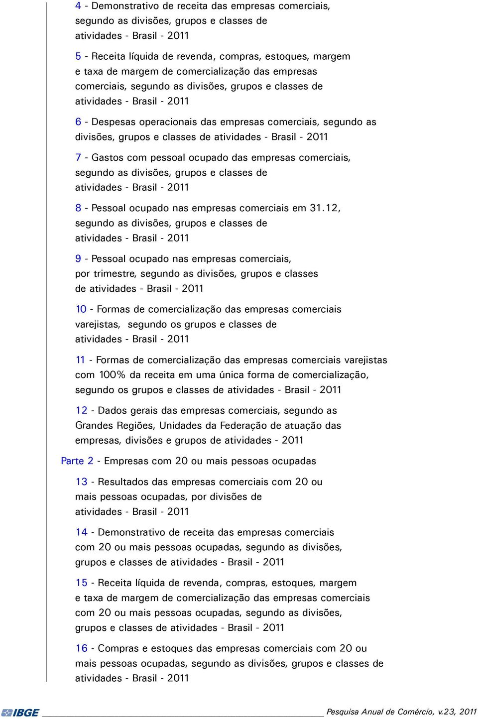 de atividades - Brasil - 2011 7 - Gastos com pessoal ocupado das empresas comerciais, segundo as divisões, grupos e classes de atividades - Brasil - 2011 8 - Pessoal ocupado nas empresas comerciais