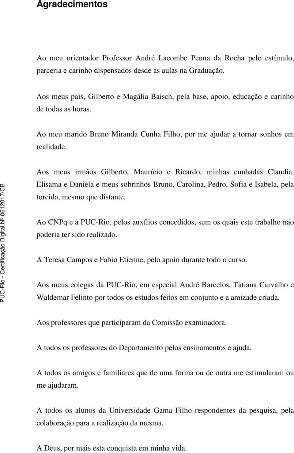 Aos meus irmãos Gilberto, Maurício e Ricardo, minhas cunhadas Claudia, Elisama e Daniela e meus sobrinhos Bruno, Carolina, Pedro, Sofia e Isabela, pela torcida, mesmo que distante.