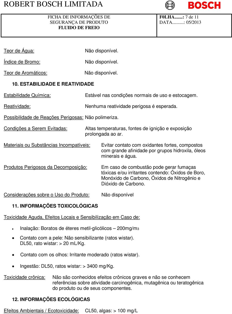 Materiais ou Substâncias Incompatíveis: Produtos Perigosos da Decomposição: Considerações sobre o Uso do Produto: Evitar contato com oxidantes fortes, compostos com grande afinidade por grupos