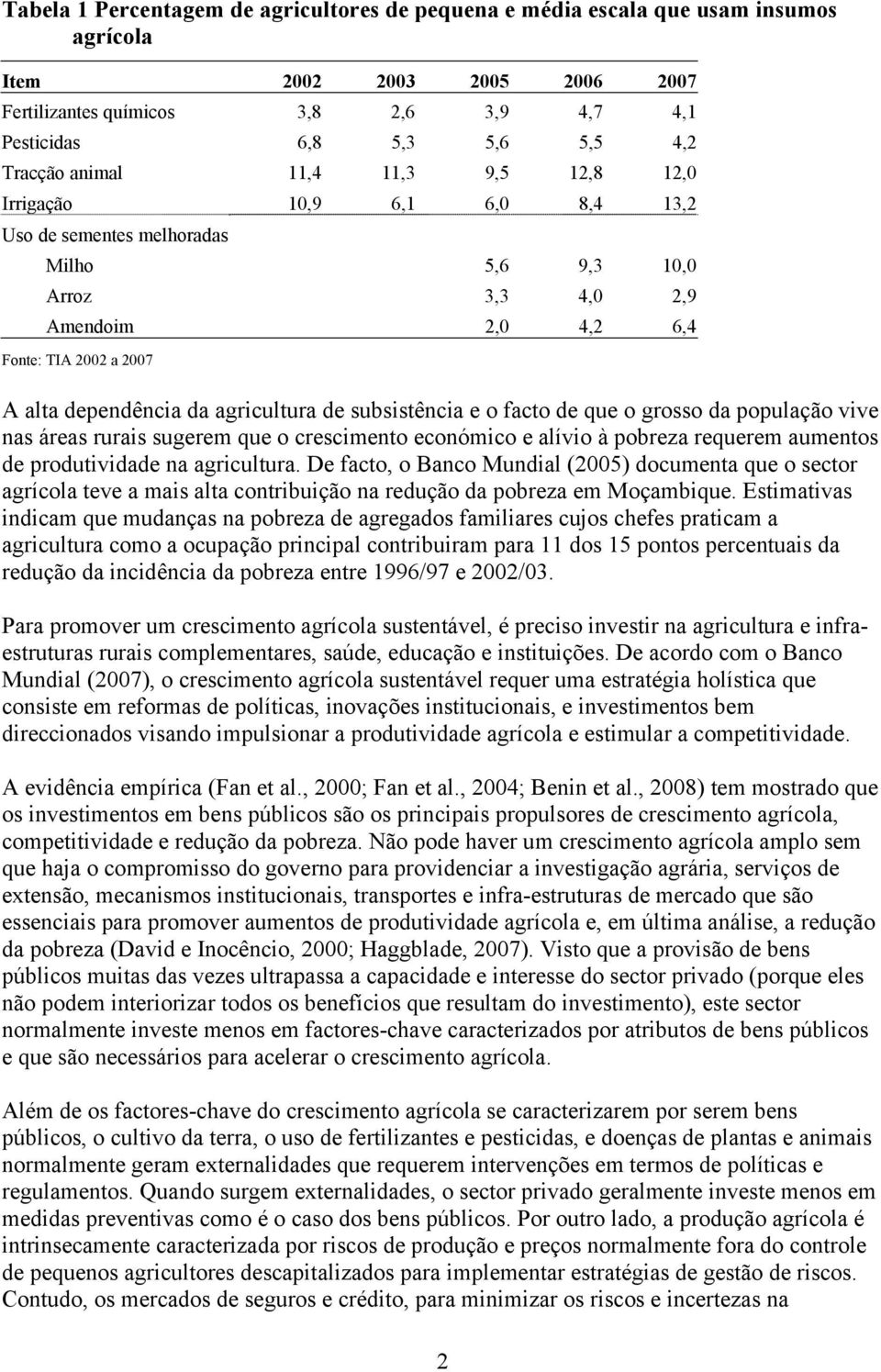 da agricultura de subsistência e o facto de que o grosso da população vive nas áreas rurais sugerem que o crescimento económico e alívio à pobreza requerem aumentos de produtividade na agricultura.