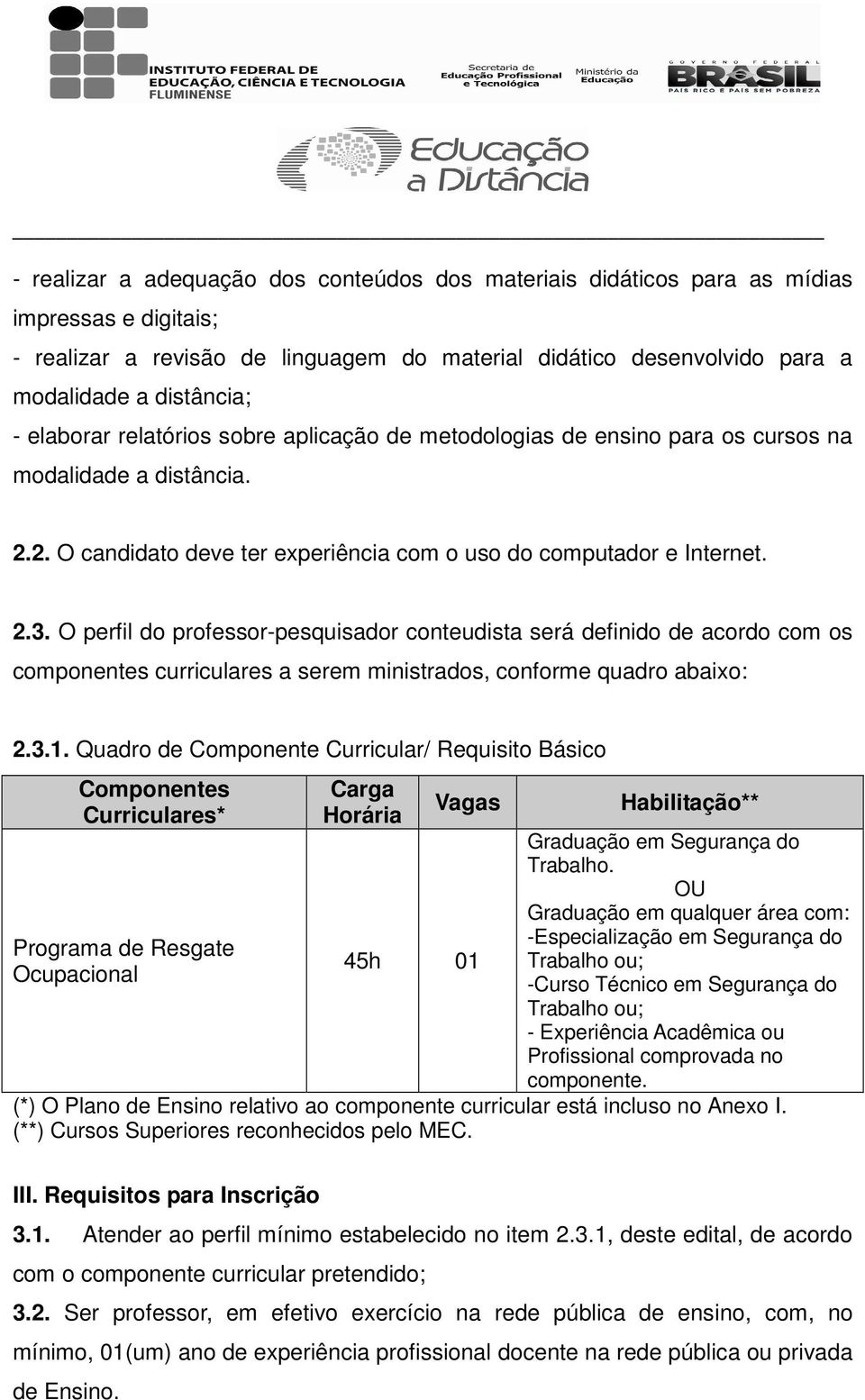 O perfil do professor-pesquisador conteudista será definido de acordo com os componentes curriculares a serem ministrados, conforme quadro abaixo: 2.3.1.