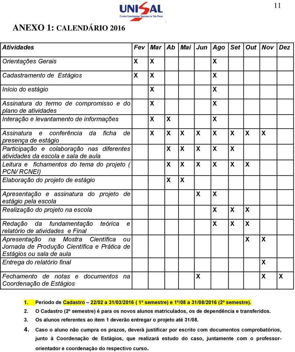 atividades da escola e sala de aula Leitura e fichamentos do tema do projeto ( X X X X X X PCN/ RCNEI) Elaboração do projeto de estágio X X Apresentação e assinatura do projeto de X X estágio pela