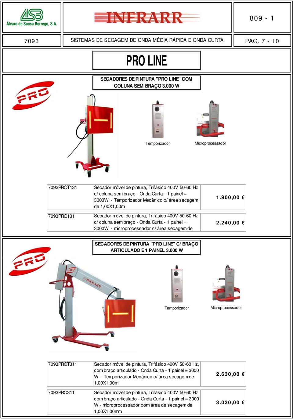 Onda Curta - 1 painel = 3000W - microprocessador c/ área secagem de 1.900,00 2.240,00 SECADORES DE PINTURA "PRO LINE" C/ BRAÇO ARTICULADO E 1 PAINEL 3.