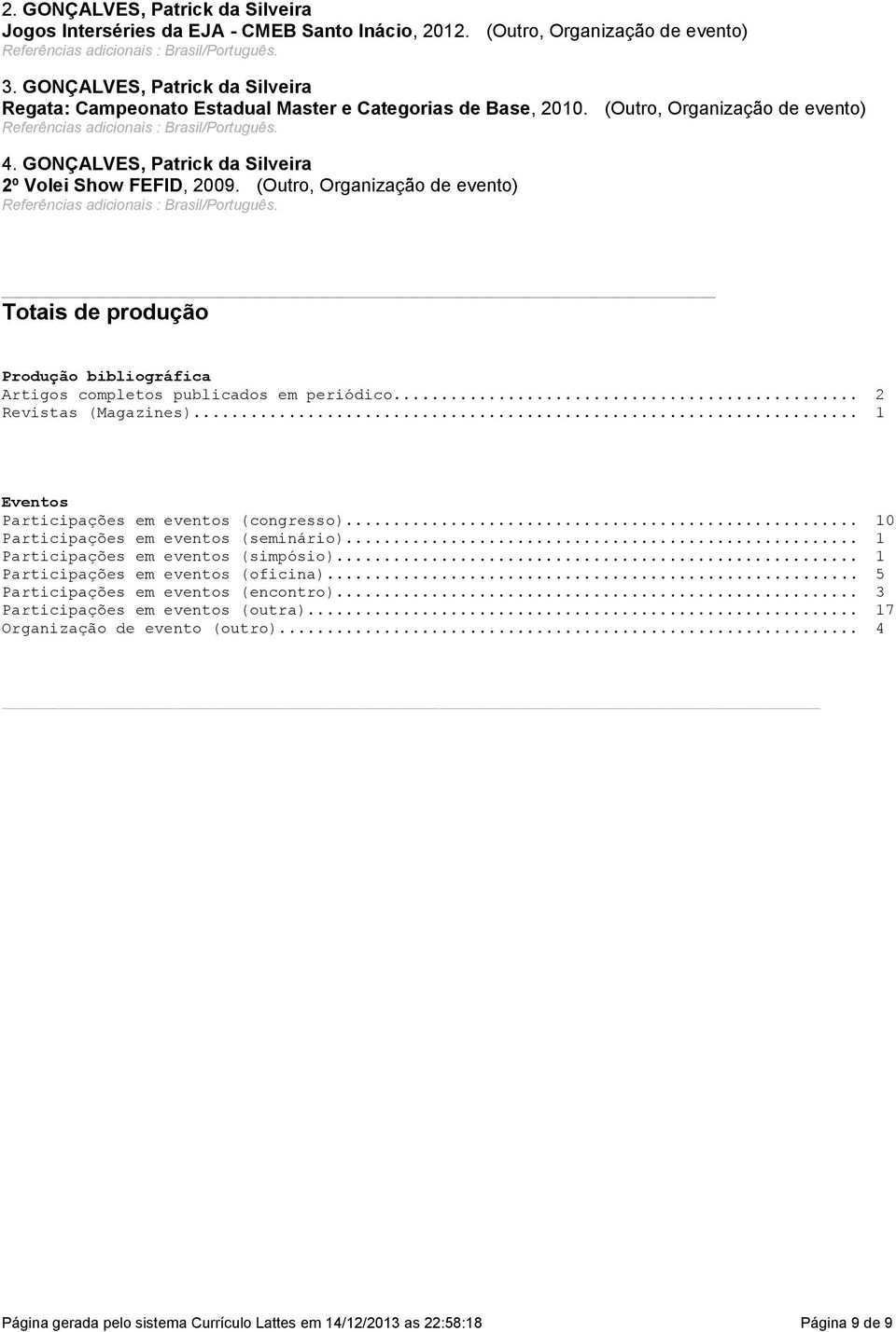 Organização de evento) Referências adicionais : Brasil/Português Totais de produção Produção bibliográfica Artigos completos publicados em periódico 2 Revistas (Magazines) 1 Eventos Participações em