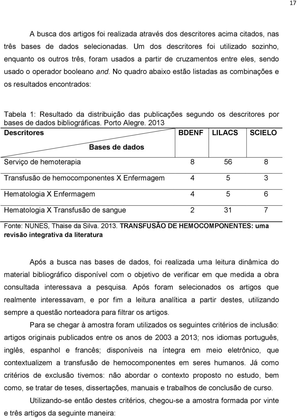 No quadro abaixo estão listadas as combinações e os resultados encontrados: Tabela 1: Resultado da distribuição das publicações segundo os descritores por bases de dados bibliográficas. Porto Alegre.