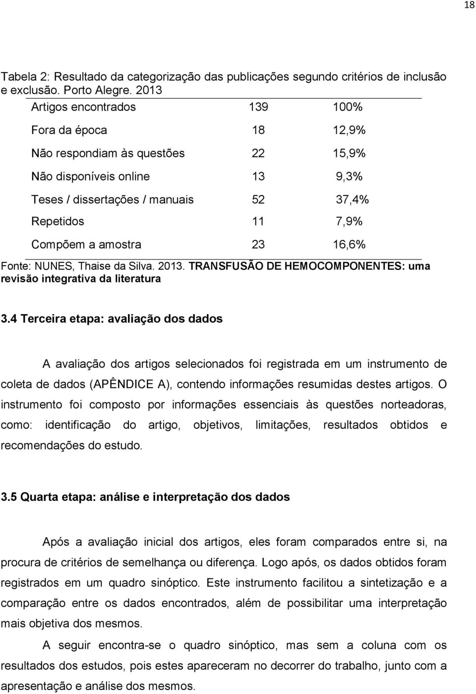 23 16,6% Fonte: NUNES, Thaise da Silva. 2013. TRANSFUSÃO DE HEMOCOMPONENTES: uma revisão integrativa da literatura 3.