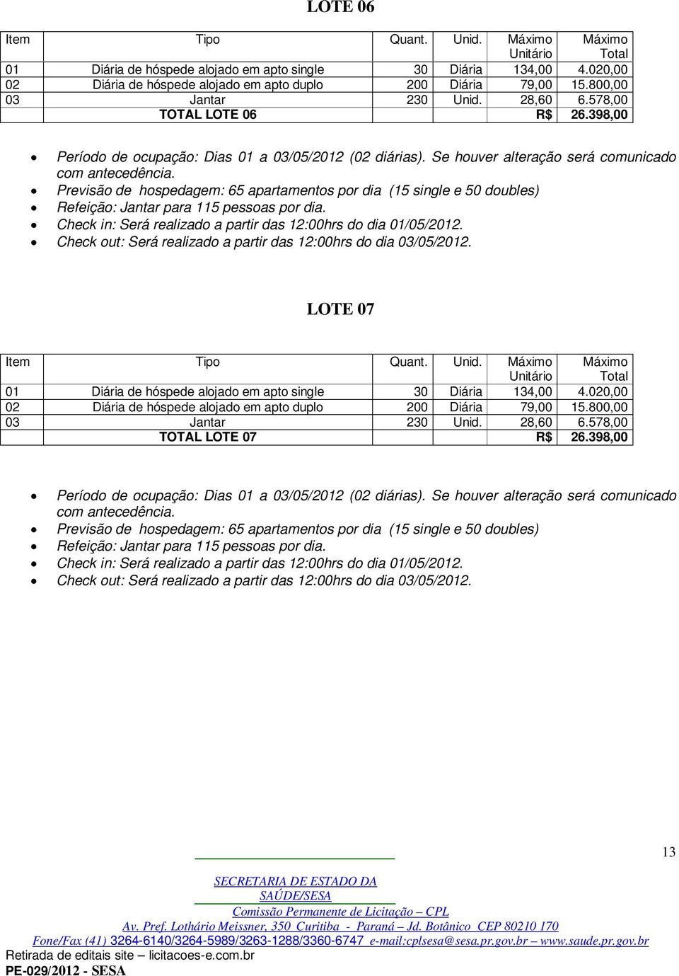 Previsão de hospedagem: 65 apartamentos por dia (15 single e 50 doubles) Refeição: Jantar para 115 pessoas por dia. Check in: Será realizado a partir das 12:00hrs do dia 01/05/2012.