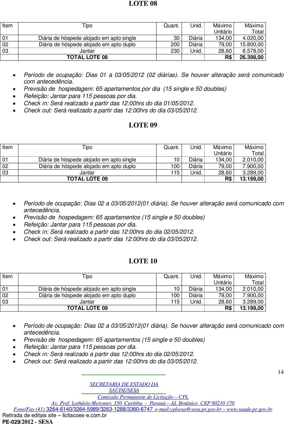 Previsão de hospedagem: 65 apartamentos por dia (15 single e 50 doubles) Refeição: Jantar para 115 pessoas por dia. Check in: Será realizado a partir das 12:00hrs do dia 01/05/2012.