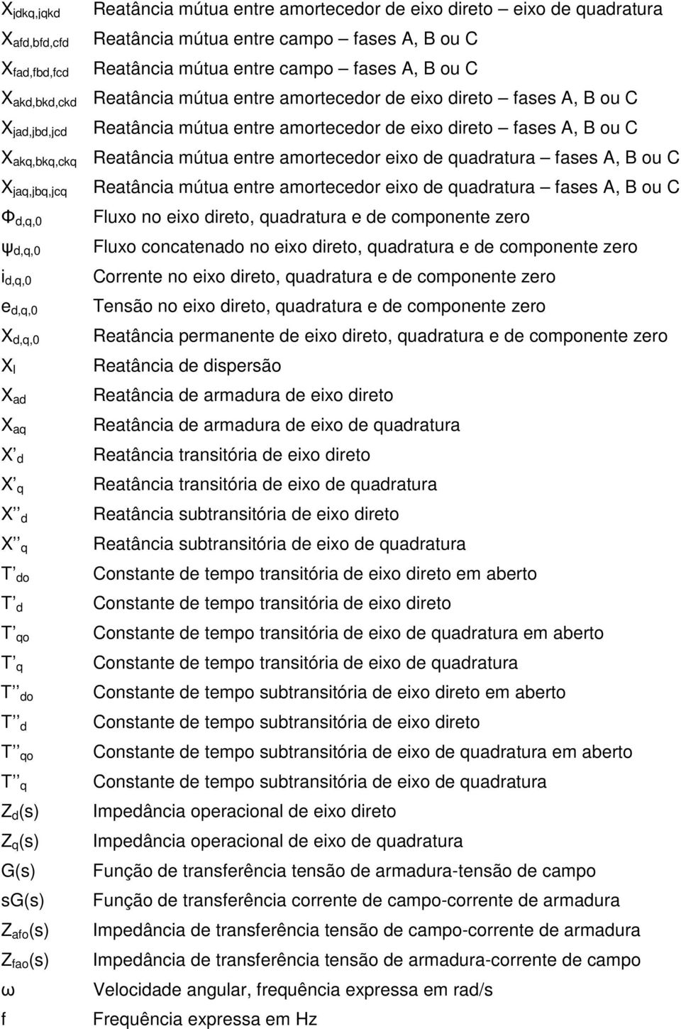 C jaq,jbq,jcq Φ,q, ψ,q, i,q, e,q,,q, l a aq Reatância mútua entre amorteceor eixo e quaratura fases A, B ou C Fluxo no eixo ireto, quaratura e e componente zero Fluxo concatenao no eixo ireto,