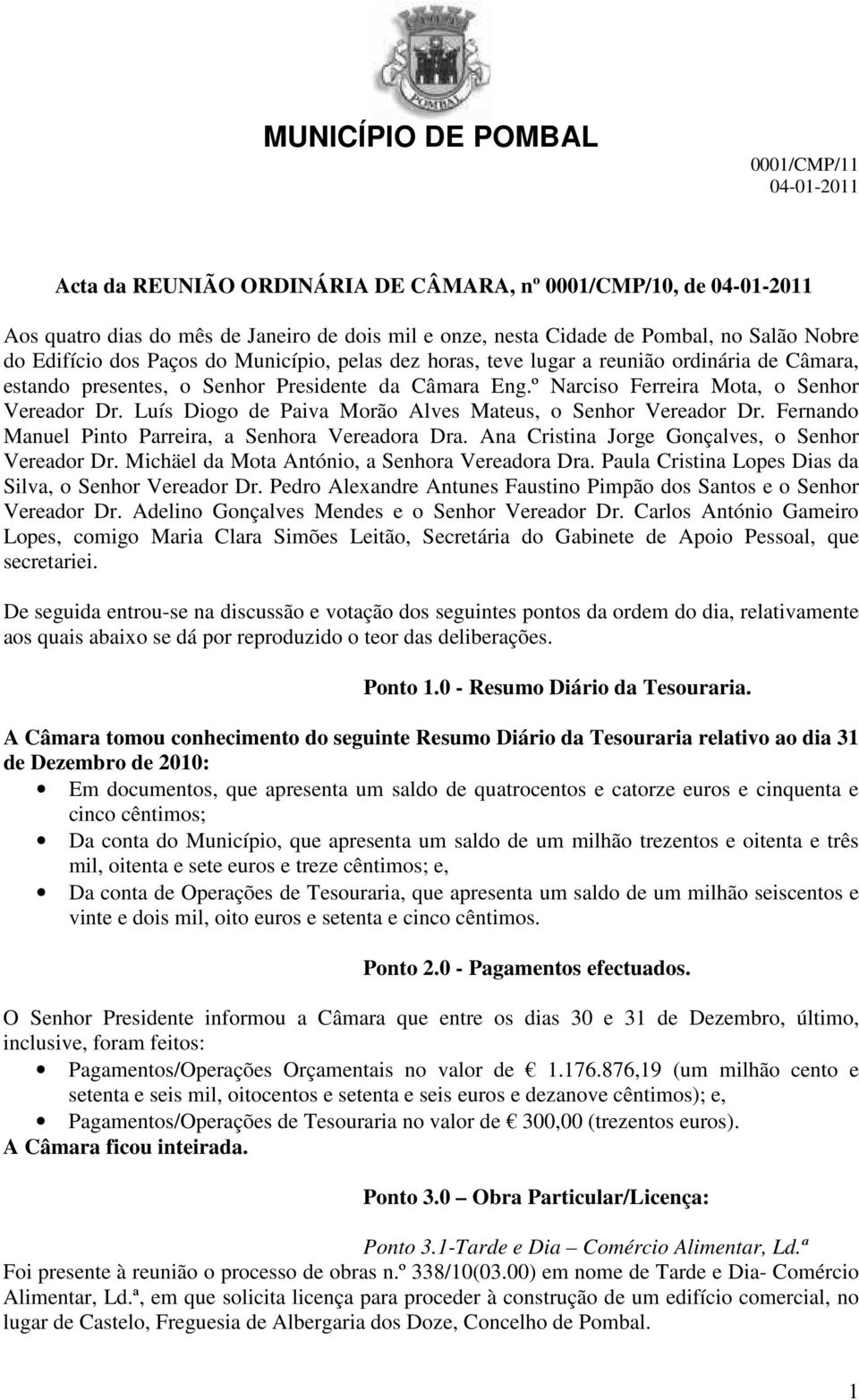 Luís Diogo de Paiva Morão Alves Mateus, o Senhor Vereador Dr. Fernando Manuel Pinto Parreira, a Senhora Vereadora Dra. Ana Cristina Jorge Gonçalves, o Senhor Vereador Dr.