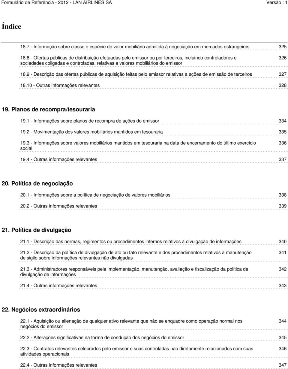 9 - Descrição das ofertas públicas de aquisição feitas pelo emissor relativas a ações de emissão de terceiros 327 18.10 - Outras informações relevantes 328 19. Planos de recompra/tesouraria 19.