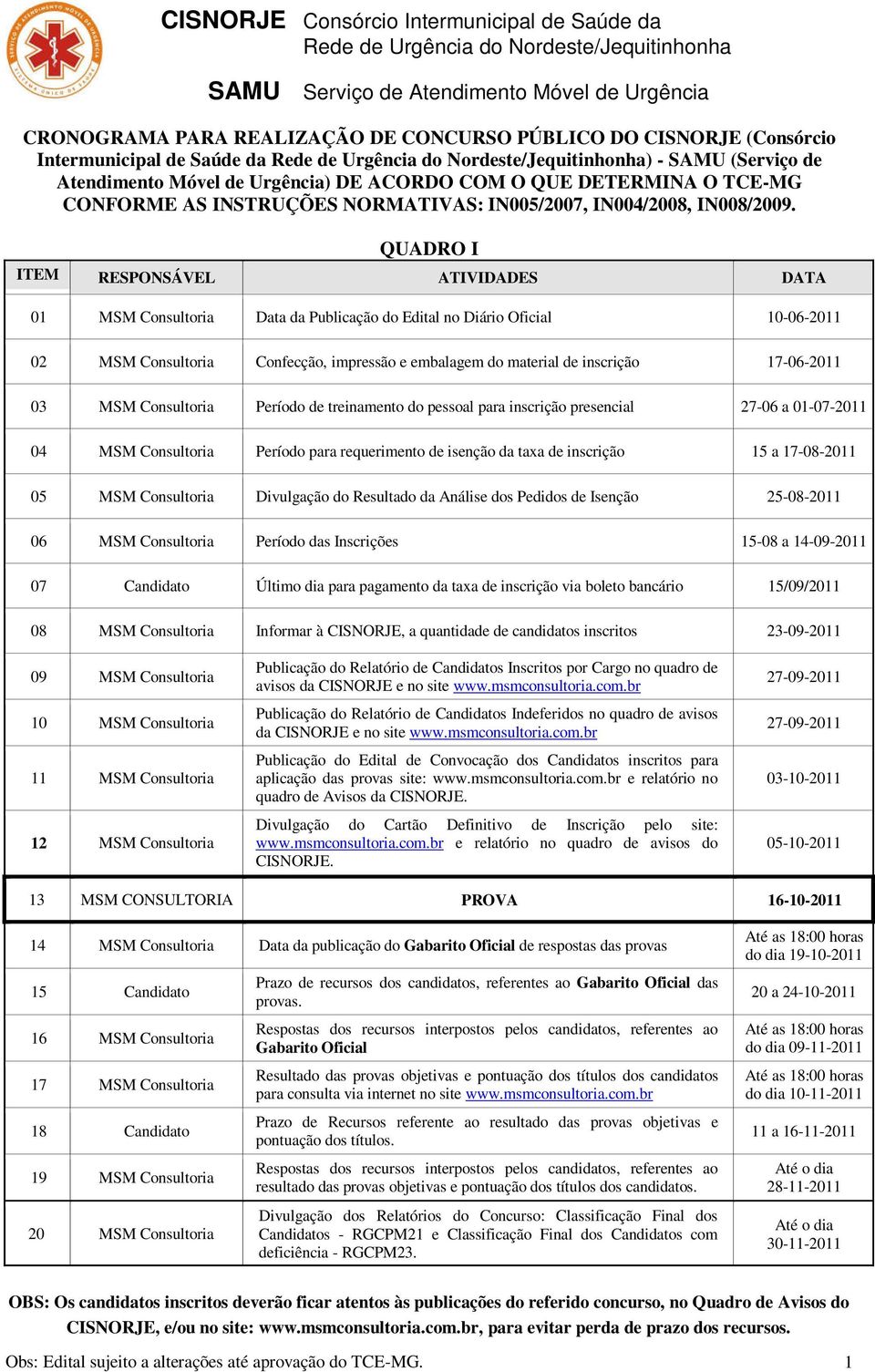 QUADRO I ITEM RESPONSÁVEL ATIVIDADES DATA 01 MSM Consultoria Data da Publicação do Edital no Diário Oficial -06-11 02 MSM Consultoria Confecção, impressão e embalagem do material de inscrição