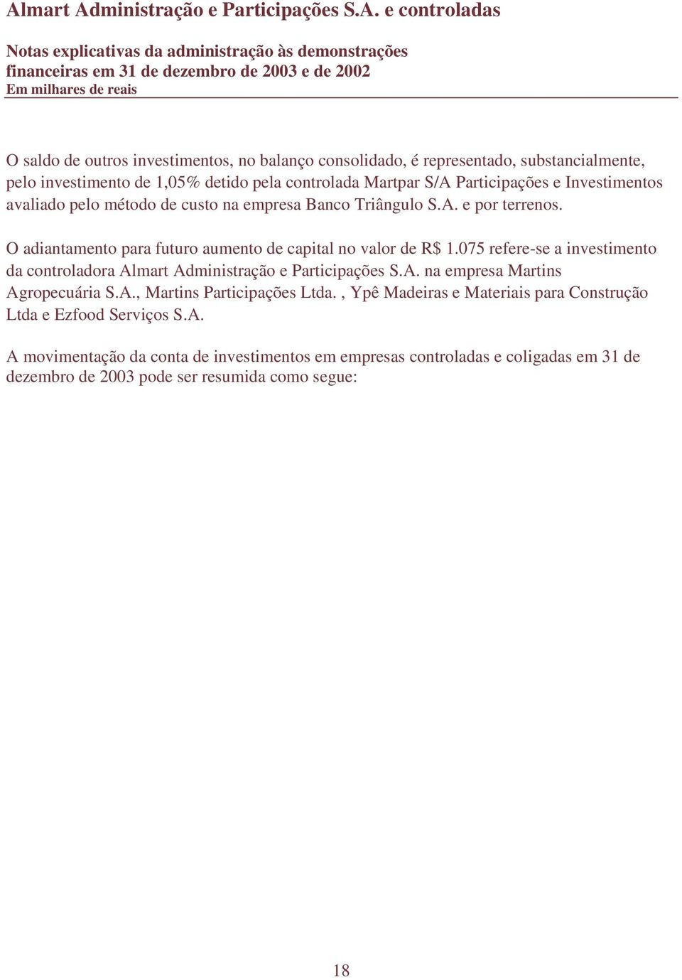 075 refere-se a investimento da controladora Almart Administração e Participações S.A. na empresa Martins Agropecuária S.A., Martins Participações Ltda.