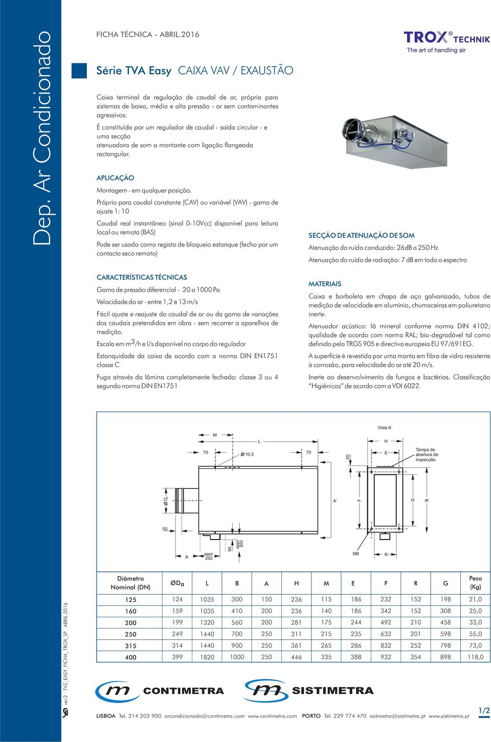 ajuste 1: Caudal real nstantâneo (snal 0-Vcc) dsponível para letura local ou remota (AS) contacto seco remoto) Gama de pressão dferencal - a Pa Velocdade do ar - entre 1,2 e 13 m/s Fácl ajuste e