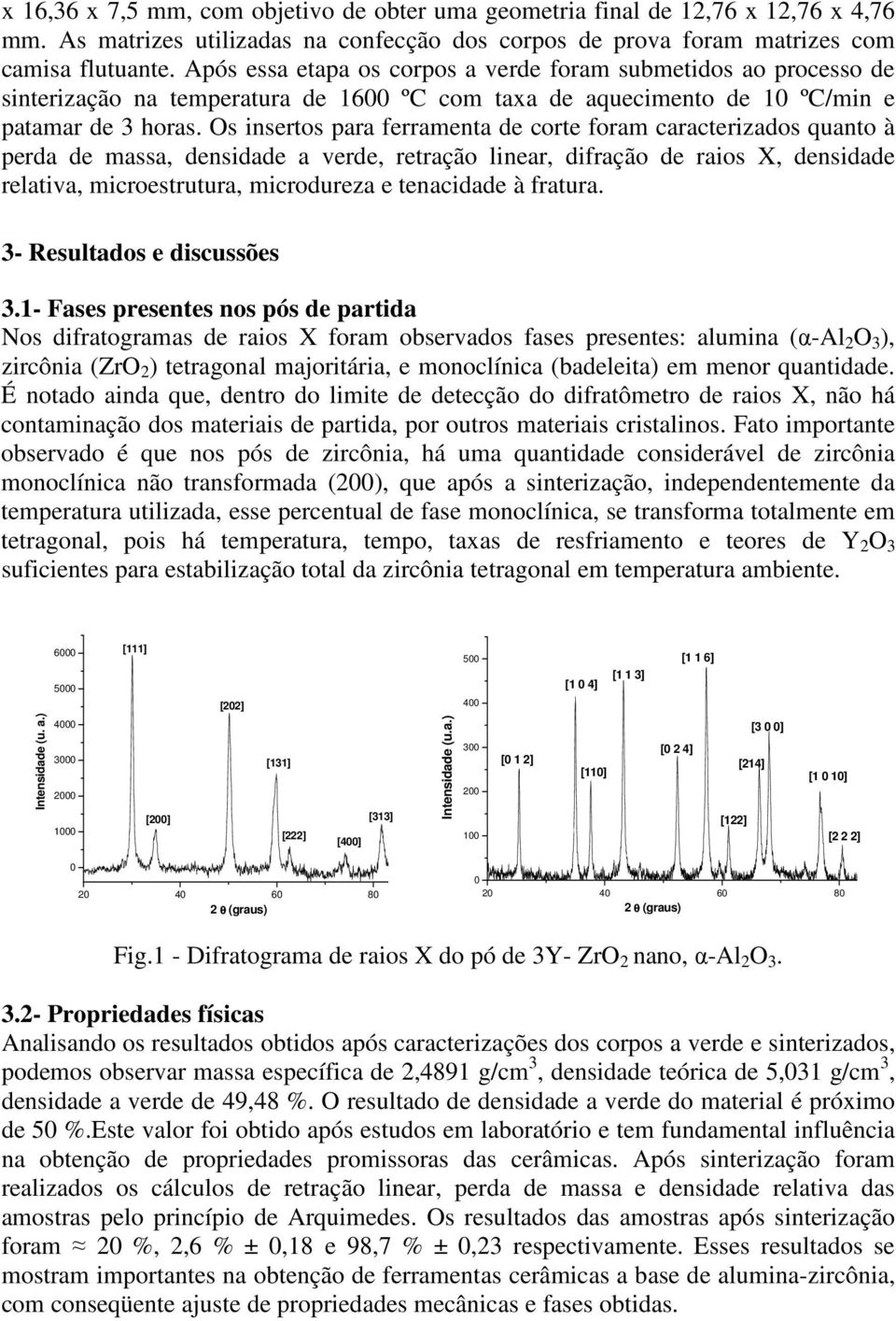 Os insertos para ferramenta de corte foram caracterizados quanto à perda de massa, densidade a verde, retração linear, difração de raios X, densidade relativa, microestrutura, microdureza e