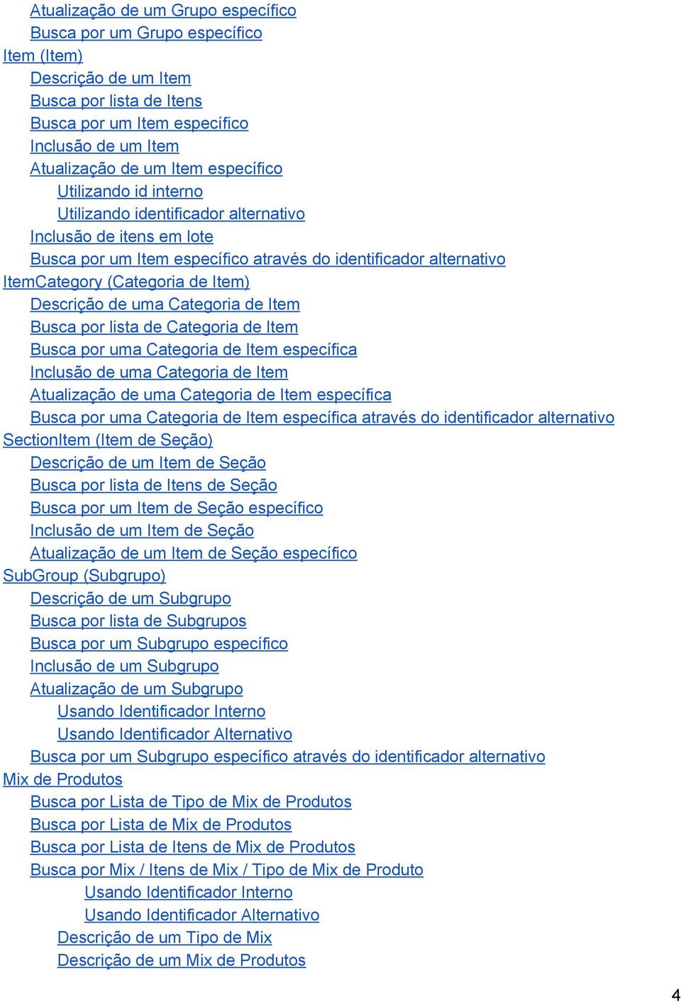 Descrição de uma Categoria de Item Busca por lista de Categoria de Item Busca por uma Categoria de Item específica Inclusão de uma Categoria de Item Atualização de uma Categoria de Item específica