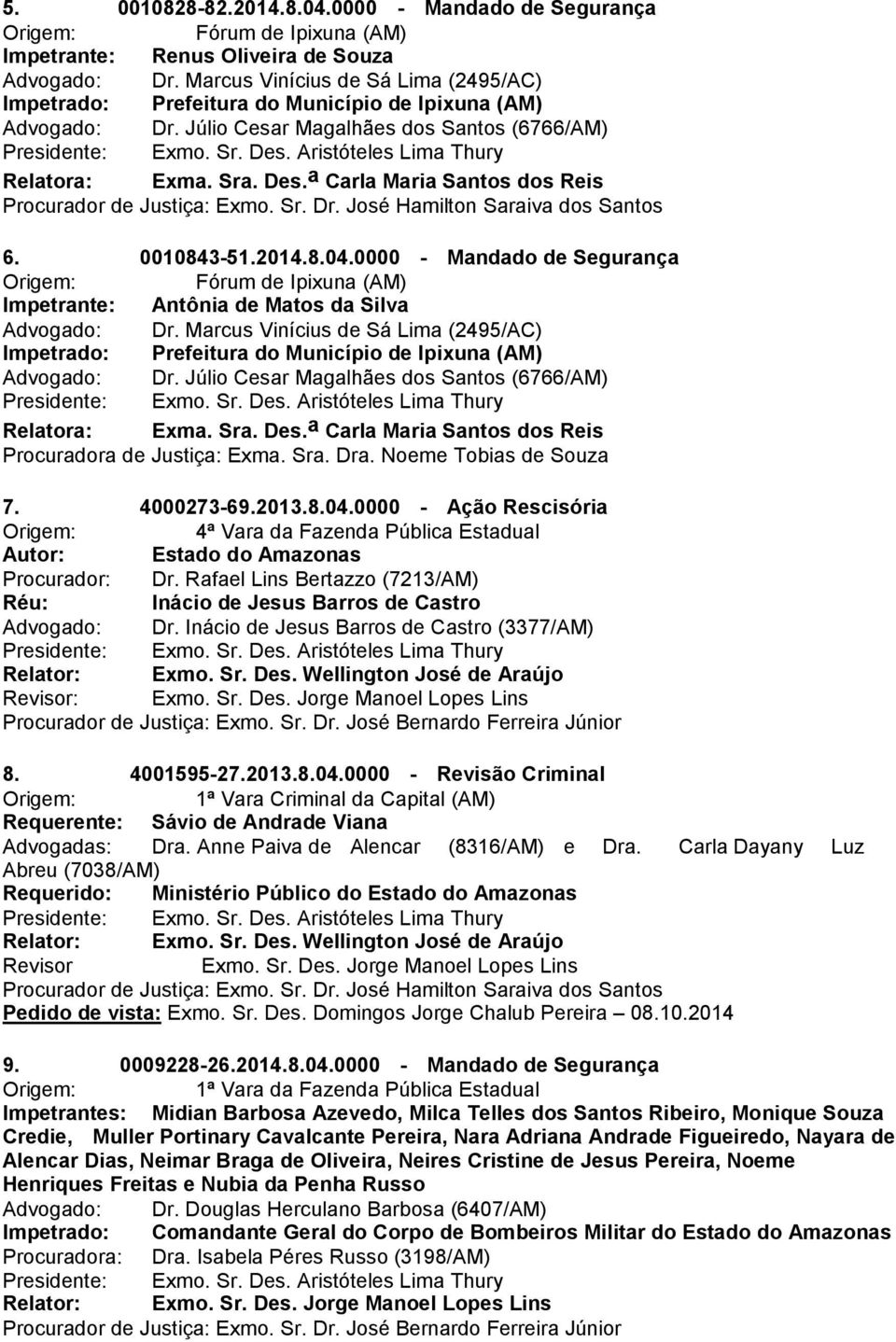 a Carla Maria Santos dos Reis Procurador de Justiça: Exmo. Sr. Dr. José Hamilton Saraiva dos Santos 6. 0010843-51.2014.8.04.