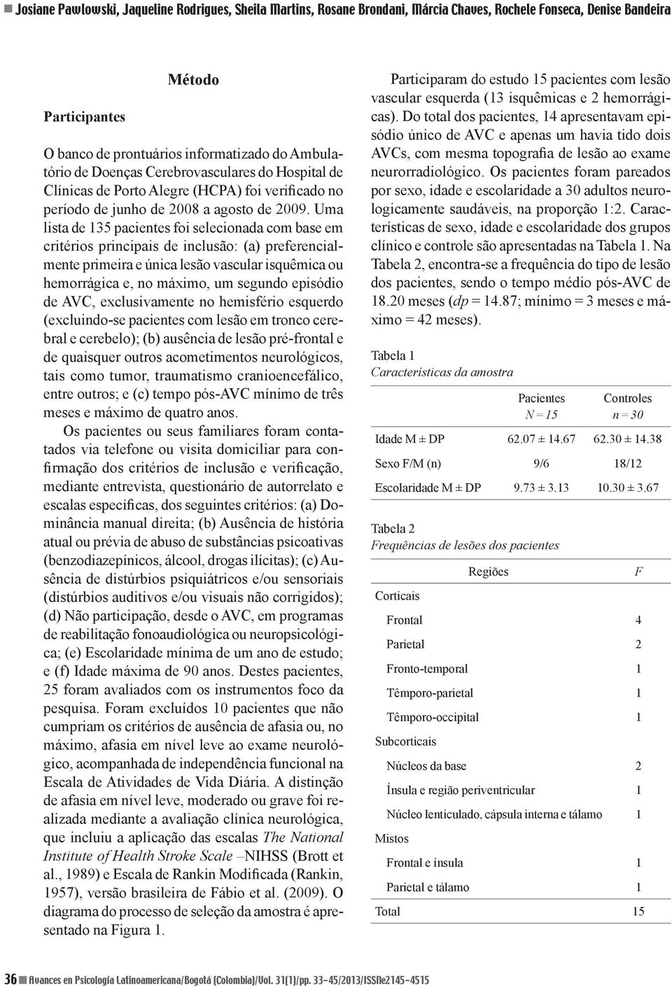 Uma lista de 135 pacientes foi selecionada com base em critérios principais de inclusão: (a) preferencialmente primeira e única lesão vascular isquêmica ou hemorrágica e, no máximo, um segundo