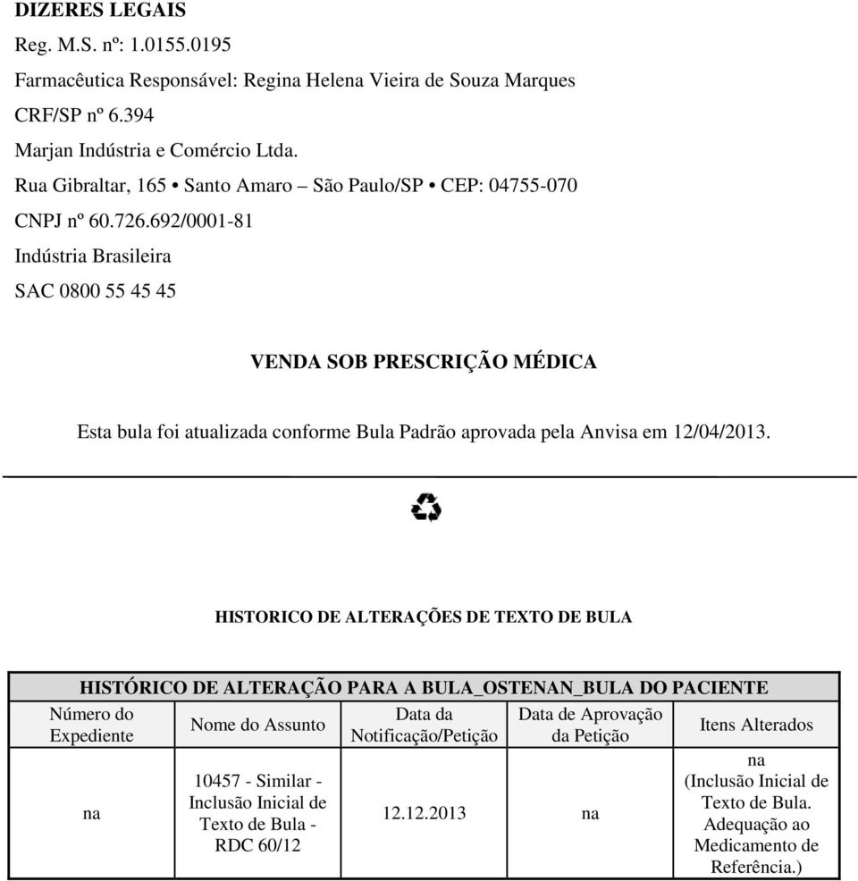 692/0001-81 Indústria Brasileira SAC 0800 55 45 45 VENDA SOB PRESCRIÇÃO MÉDICA Esta bula foi atualizada conforme Bula Padrão aprovada pela Anvisa em 12/04/2013.