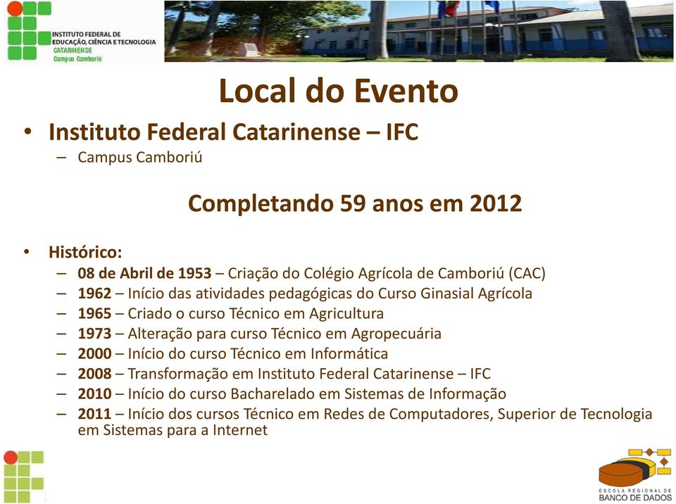 Alteração para curso Técnico em Agropecuária 2000 Início do curso Técnico em Informática 2008 Transformação em Instituto Federal Catarinense IFC 2010