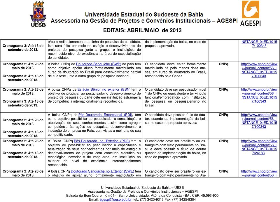 da implementação da bolsa, no caso de proposta aprovada. 7/100343 Cronograma 2: Até 28 de maio de 2013. Cronograma 3: Até 13 de setembro de 2013.