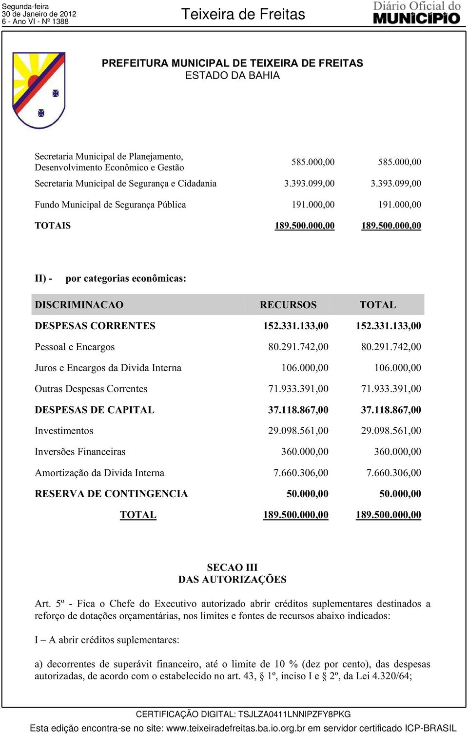 133,00 152.331.133,00 Pessoal e Encargos 80.291.742,00 80.291.742,00 Juros e Encargos da Divida Interna 106.000,00 106.000,00 Outras Despesas Correntes 71.933.391,00 71.933.391,00 DESPESS DE CPITL 37.