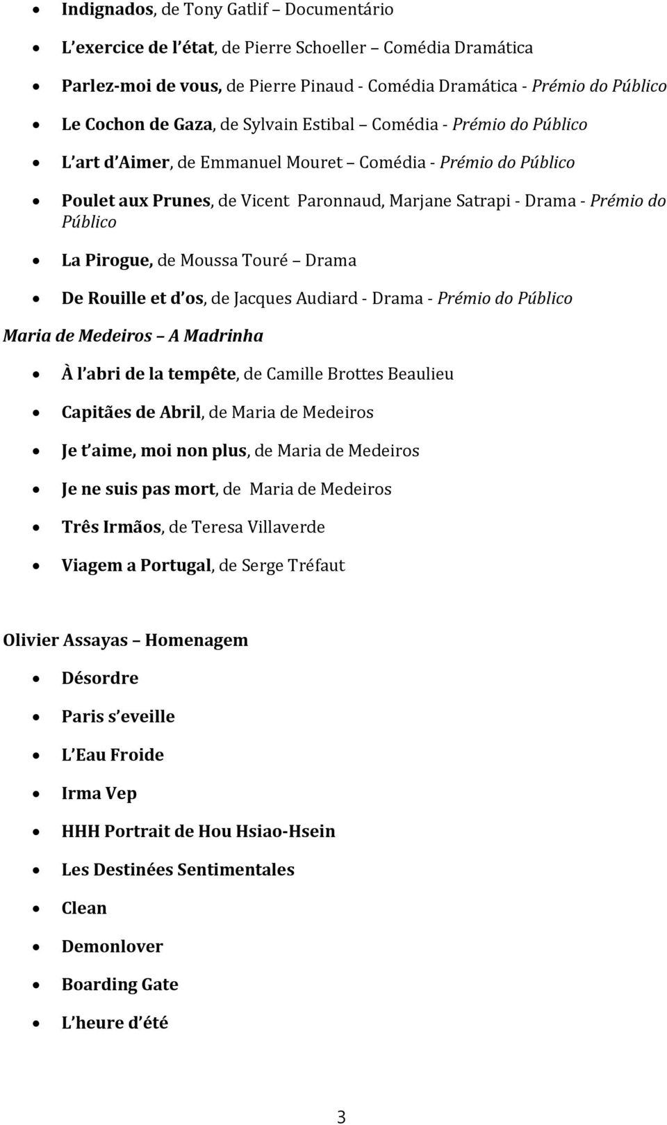 Moussa Touré Drama De Rouille et d os, de Jacques Audiard Drama Prémio do Público Maria de Medeiros A Madrinha À l abri de la tempête, de Camille Brottes Beaulieu Capitães de Abril, de Maria de