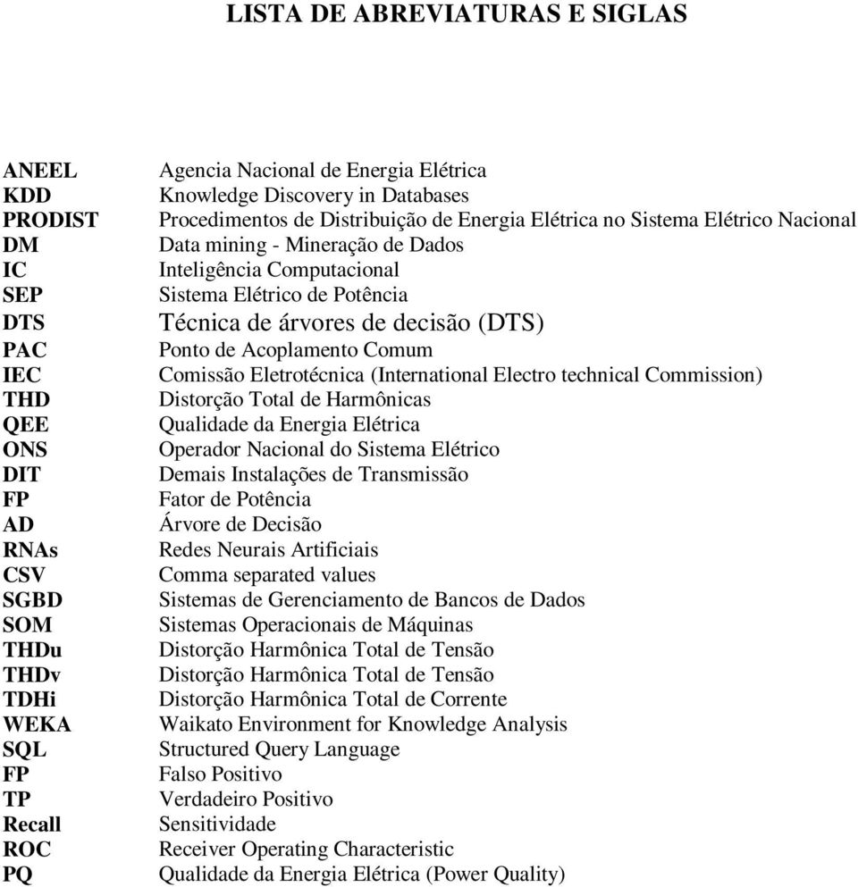 Potência Técnica de árvores de decisão (DTS) Ponto de Acoplamento Comum Comissão Eletrotécnica (International Electro technical Commission) Distorção Total de Harmônicas Qualidade da Energia Elétrica