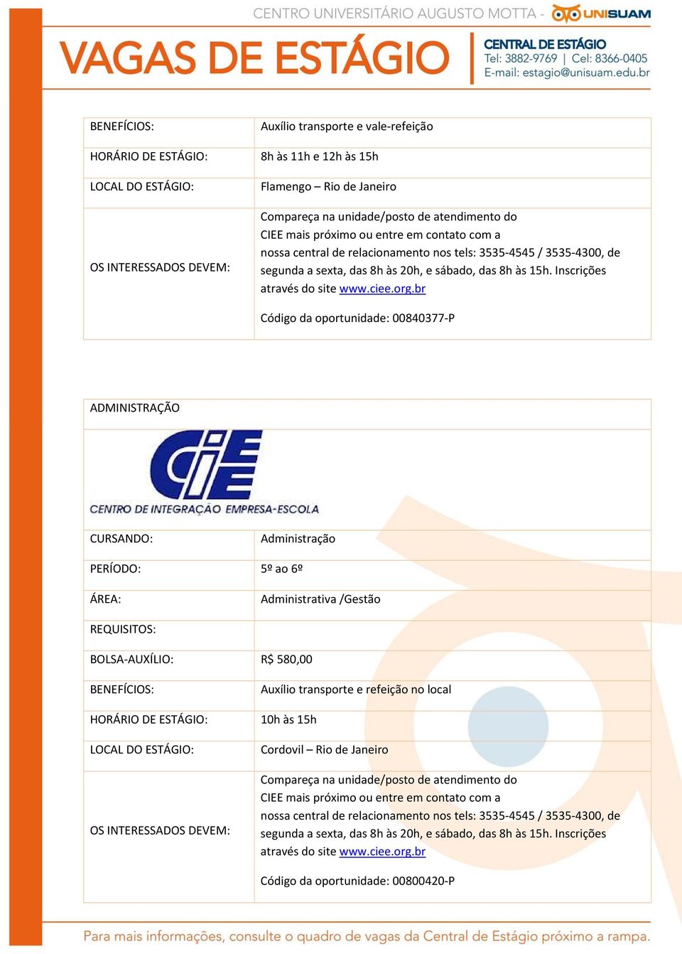 br Código da oportunidade: 00840377 P ADMINISTRAÇÃO Administração PERÍODO: 5º ao 6º ÁREA: Administrativa /Gestão BOLSA