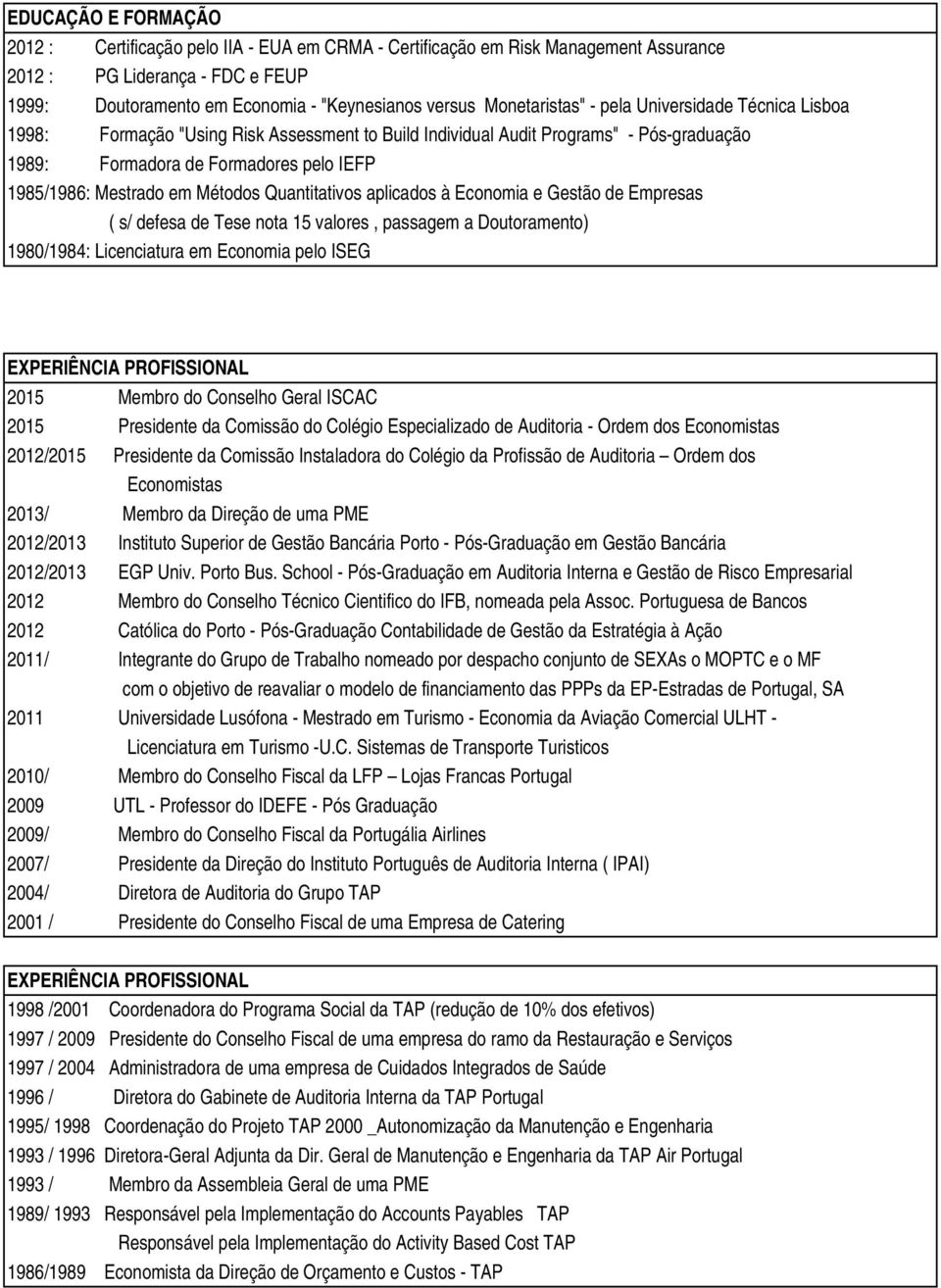 em Métodos Quantitativos aplicados à Economia e Gestão de Empresas ( s/ defesa de Tese nota 15 valores, passagem a Doutoramento) 1980/1984: Licenciatura em Economia pelo ISEG EXPERIÊNCIA PROFISSIONAL