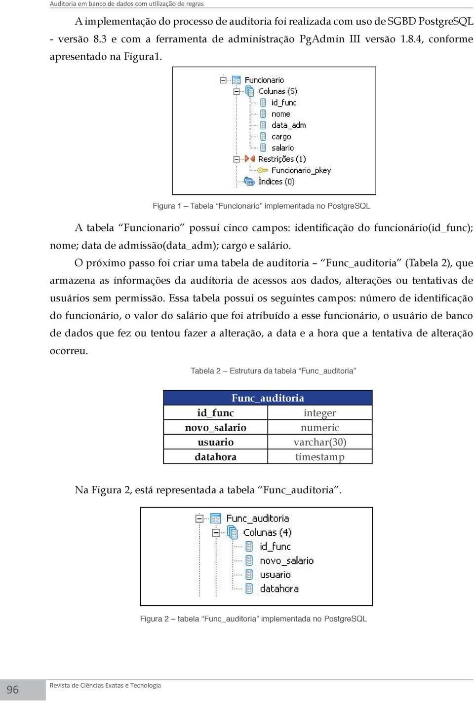 Figura 1 Tabela Funcionario implementada no PostgreSQL A tabela Funcionario possui cinco campos: identificação do funcionário(id_func); nome; data de admissão(data_adm); cargo e salário.