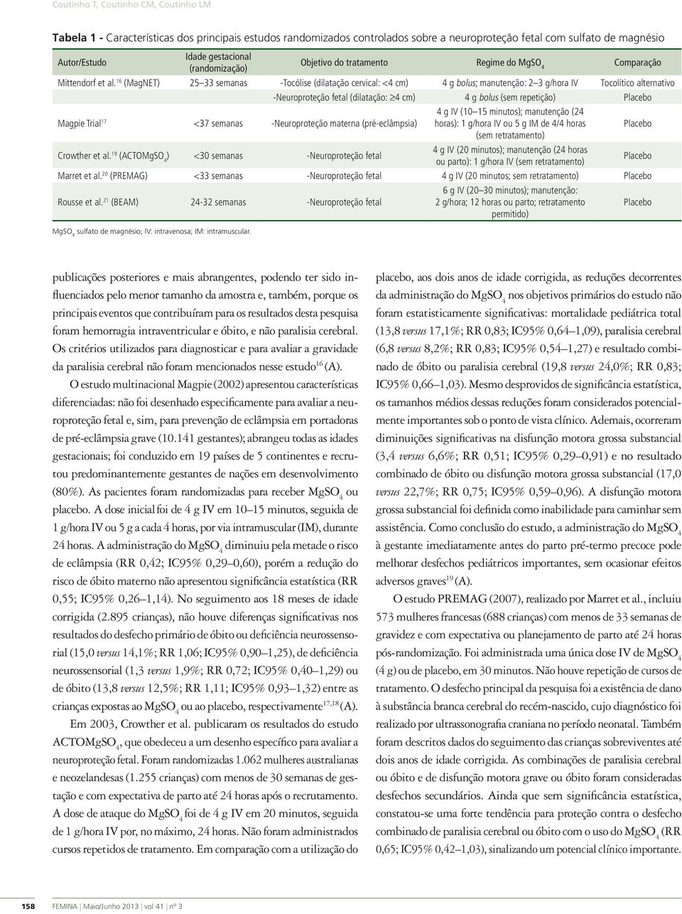 16 (MagNET) 25 33 semanas -Tocólise (dilatação cervical: <4 cm) 4 g bolus; manutenção: 2 3 g/hora IV Tocolítico alternativo -Neuroproteção fetal (dilatação: 4 cm) 4 g bolus (sem repetição) Placebo