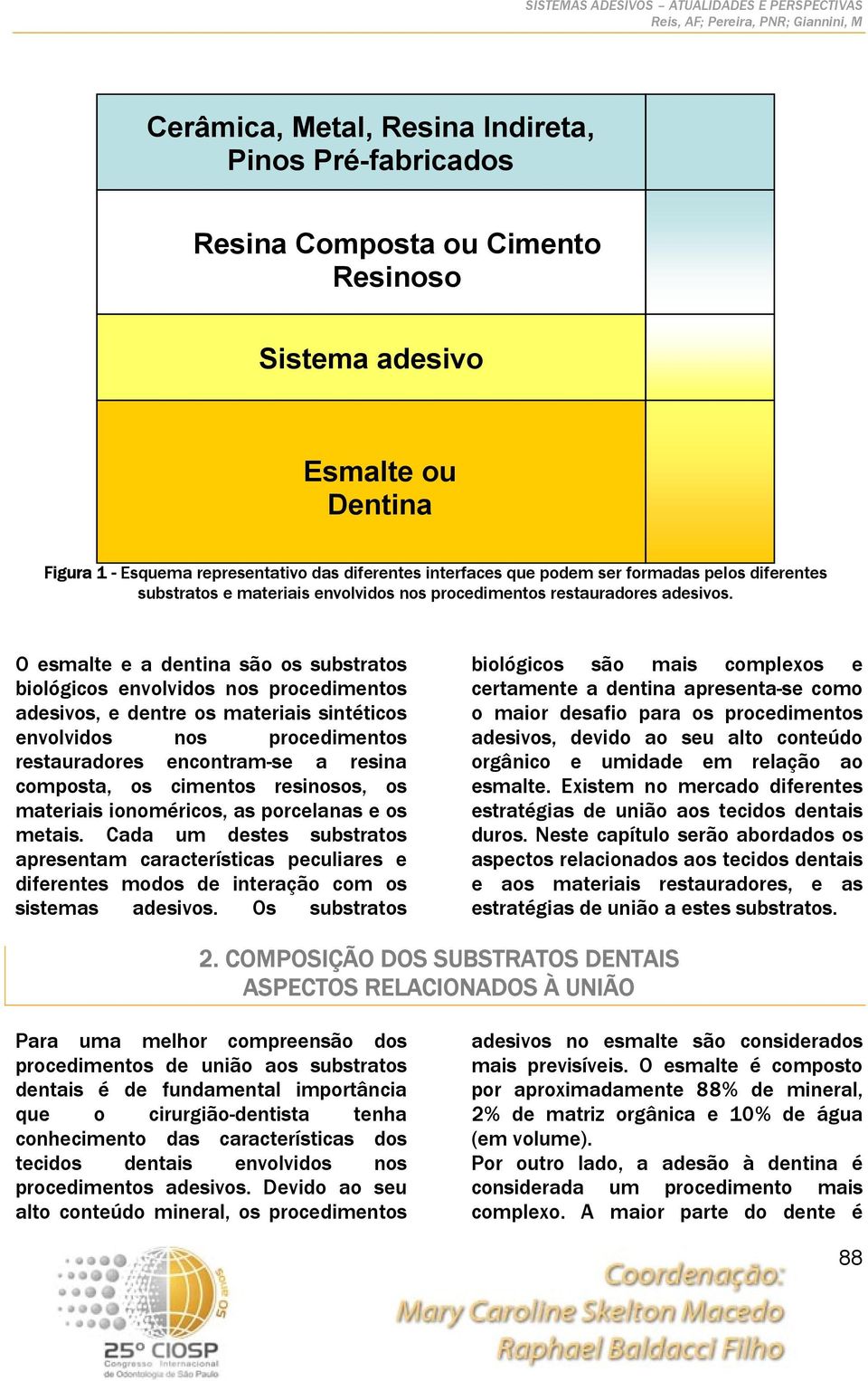 O esmalte e a dentina são os substratos biológicos envolvidos nos procedimentos adesivos, e dentre os materiais sintéticos envolvidos nos procedimentos restauradores encontram-se a resina composta,