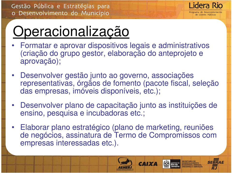 empresas, imóveis disponíveis, etc.); Desenvolver plano de capacitação junto as instituições de ensino, pesquisa e incubadoras etc.