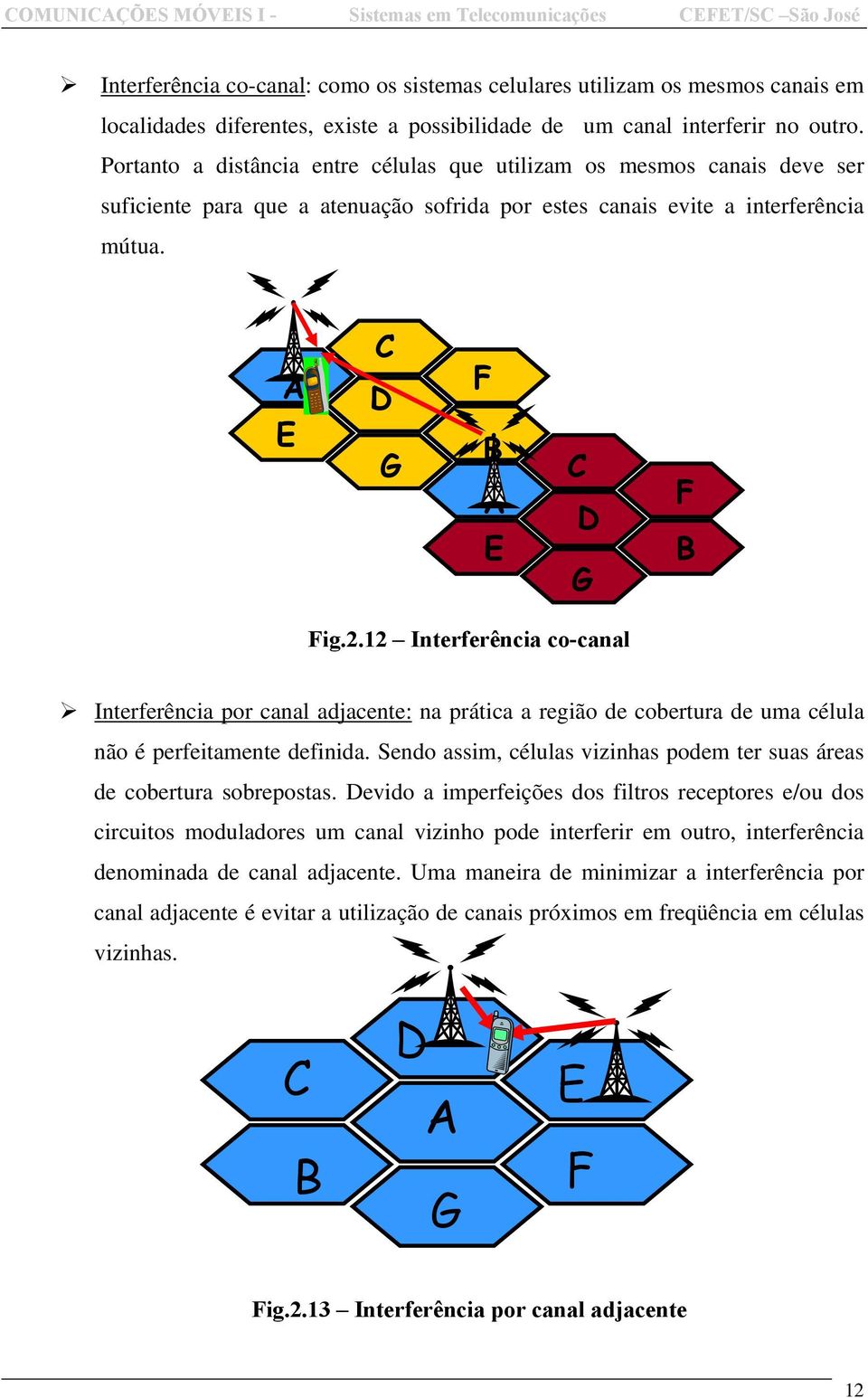 12 Interferência co-canal Interferência por canal adjacente: na prática a região de cobertura de uma célula não é perfeitamente definida.