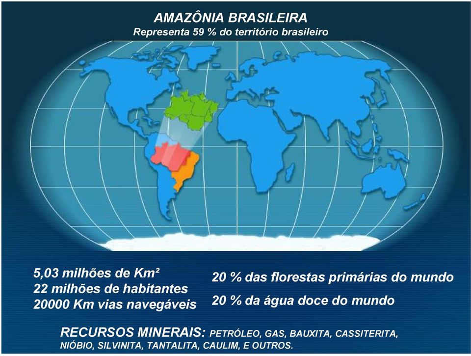 florestas primárias do mundo 20 % da água doce do mundo RECURSOS MINERAIS: