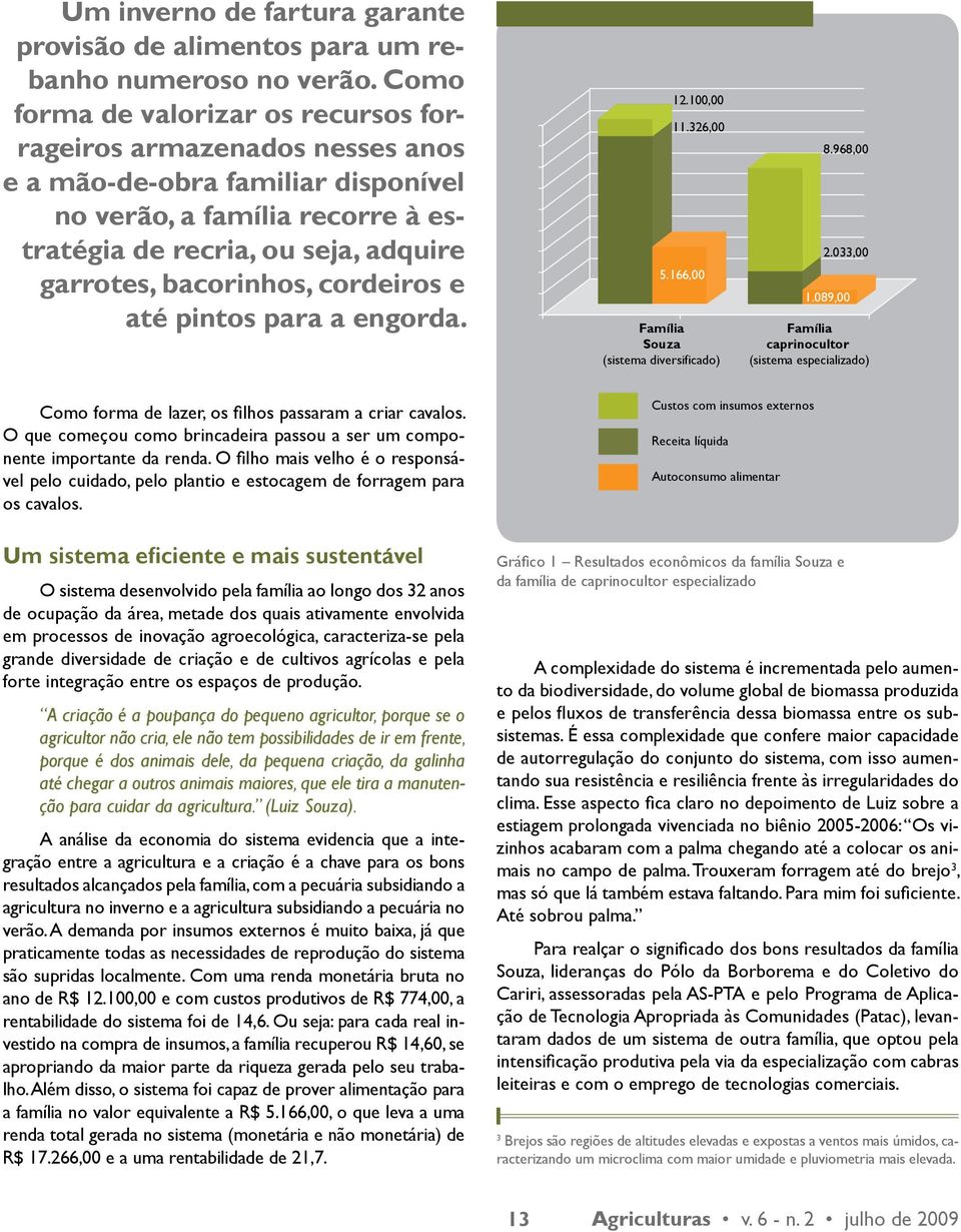 cordeiros e até pintos para a engorda. 12.100,00 11.326,00 5.166,00 Família Souza (sistema diversificado) 8.968,00 2.033,00 1.