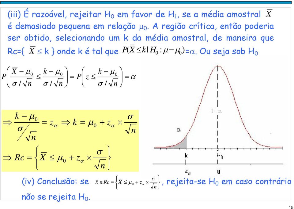 A região crítica, etão oderia ser obtido, selecioado um k da média amostral, de