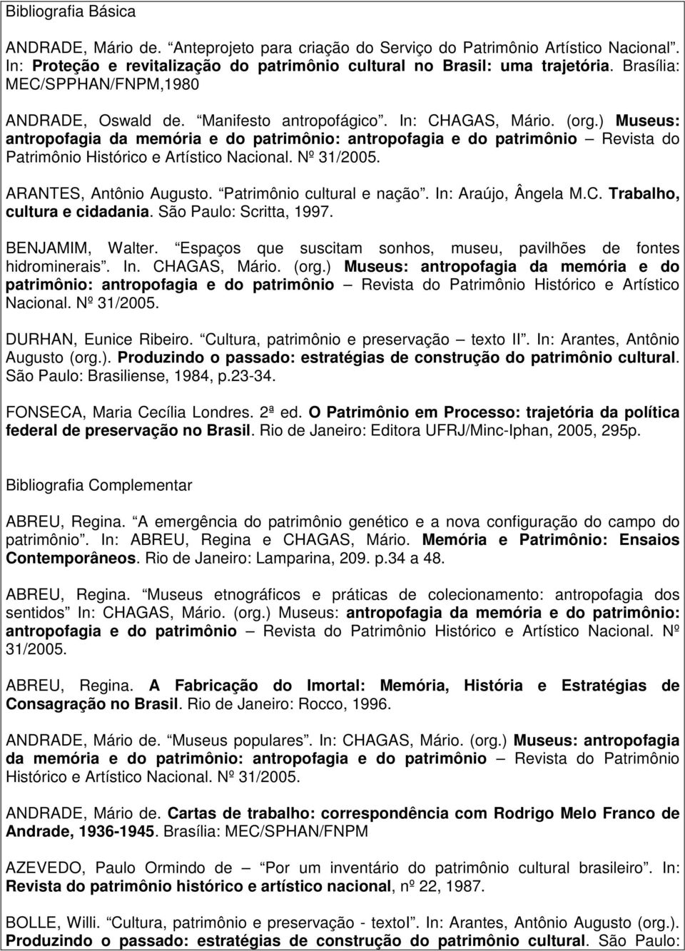 ) Museus: antropofagia da memória e do patrimônio: antropofagia e do patrimônio Revista do Patrimônio Histórico e Artístico Nacional. Nº 31/2005. ARANTES, Antônio Augusto. Patrimônio cultural e nação.