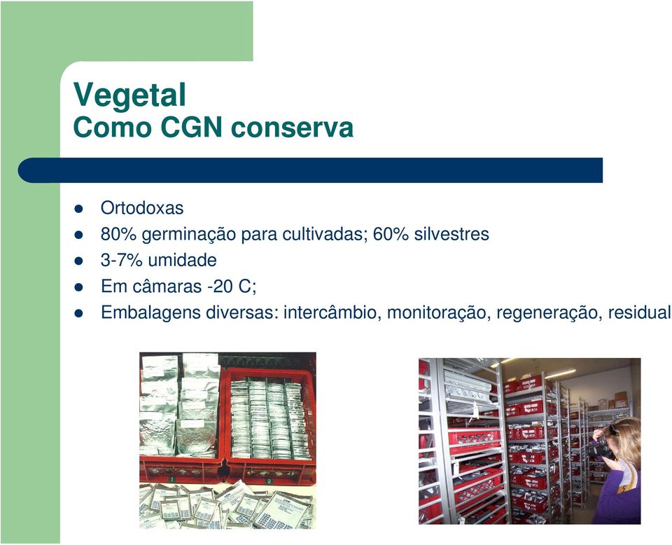 3-7% umidade Em câmaras -20 C; Embalagens