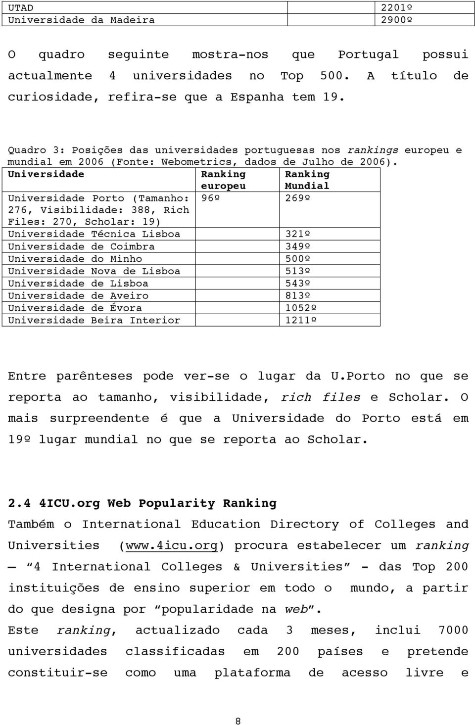 Universidade Ranking europeu Ranking Mundial Universidade Porto (Tamanho: 96º 269º 276, Visibilidade: 388, Rich Files: 270, Scholar: 19) Universidade Técnica Lisboa 321º Universidade de Coimbra 349º