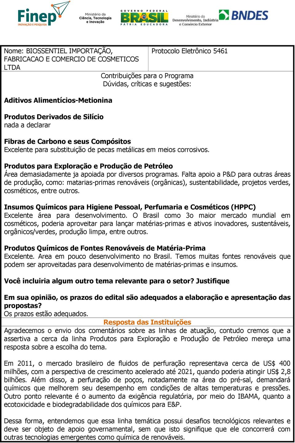 Falta apoio a P&D para outras áreas de produção, como: matarias-primas renováveis (orgânicas), sustentabilidade, projetos verdes, cosméticos, entre outros. Excelente área para desenvolvimento.