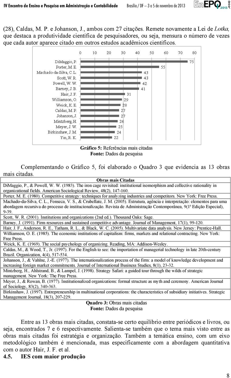 Gráfico 5: Referências mais citadas Complementando o Gráfico 5, foi elaborado o Quadro 3 que evidencia as 13 obras mais citadas. Obras mais Citadas DiMaggio, P., & Powell, W. W. (1983).