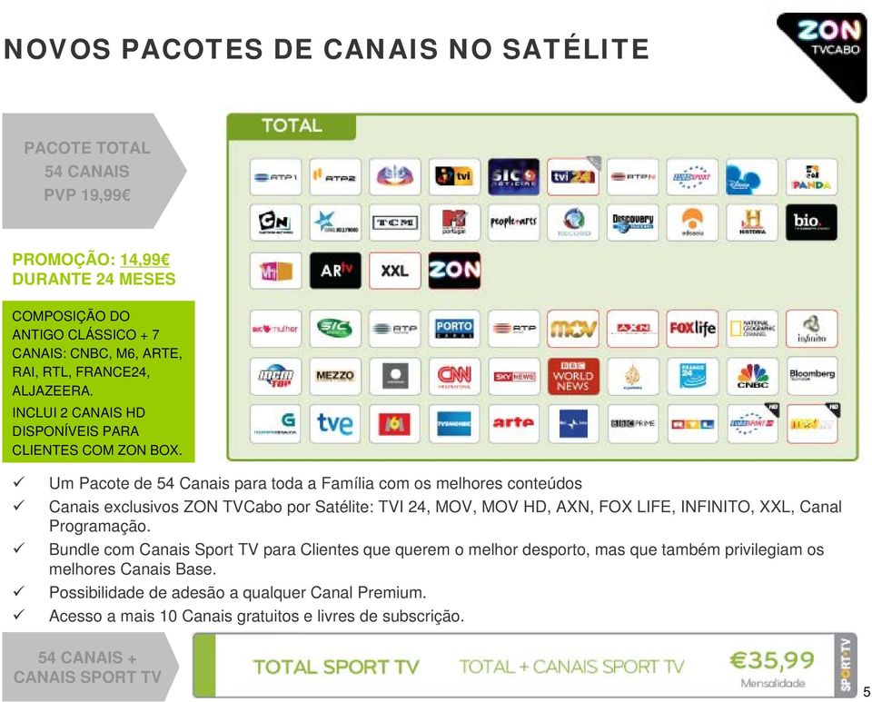 Um Pacote de 54 Canais para toda a Família com os melhores conteúdos Canais exclusivos ZON TVCabo por Satélite: TVI 24, MOV, MOV HD, AXN, FOX LIFE, INFINITO, XXL, Canal