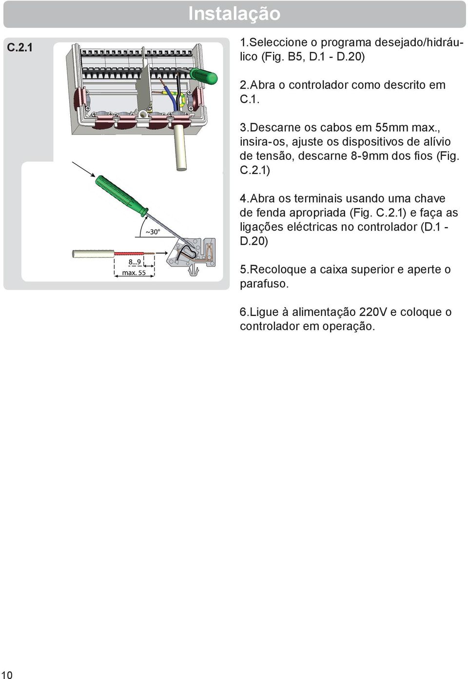 1) 4.Abra os terminais usando uma chave de fenda apropriada (Fig. C.2.1) e faça as ligações eléctricas no controlador (D.